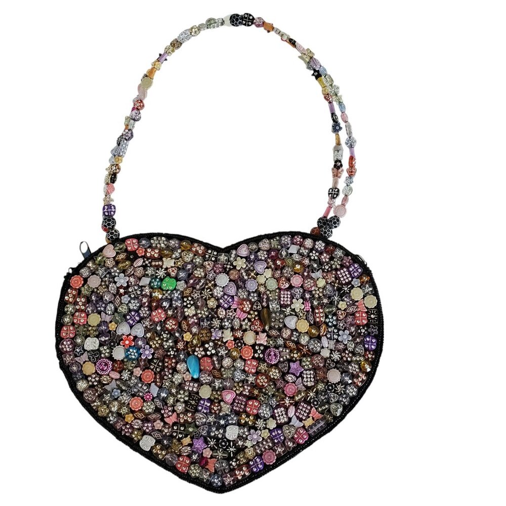 SASHA Beaded Hard Shell Handbag Purse Heart Shape Linen Back Zipper Lined